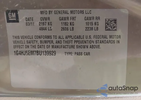 2011 Buick Lucerne Cxl Premium из США, поврежденный, VIN 1G4HJ5EM7BU139929